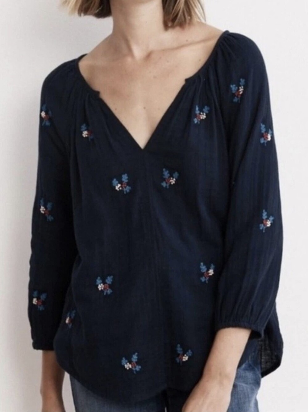 Velvet Graham Spencer Blouse Selma Fleur Navy Blue Embroidered Peasant Size S